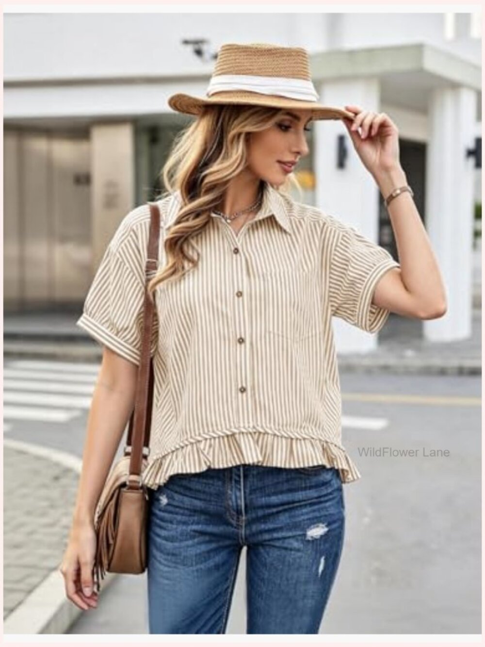 Cropped Striped Button Down Short Sleeve Ruffled Blouse Casual Summer - Picture 2 of 7